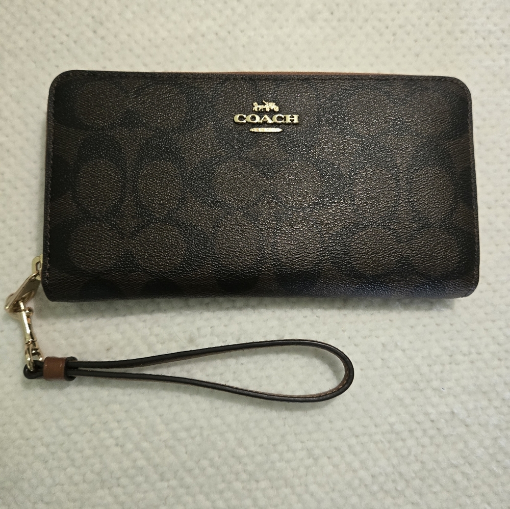 Coach Brown Signature Long Zip Around Wallet
